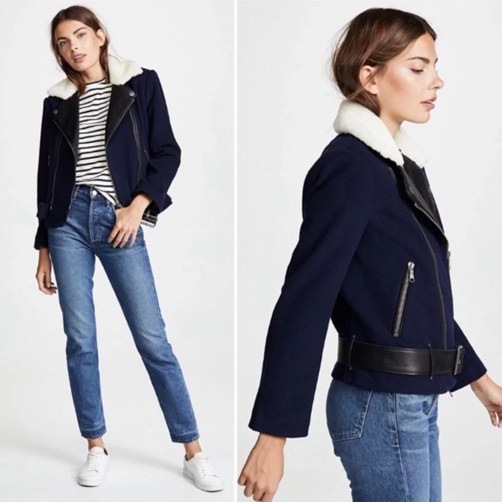 NWT JOIE FAYANA WOOL- LEATHER COZY NAVY MOTO JACKET - Picture 2 of 13